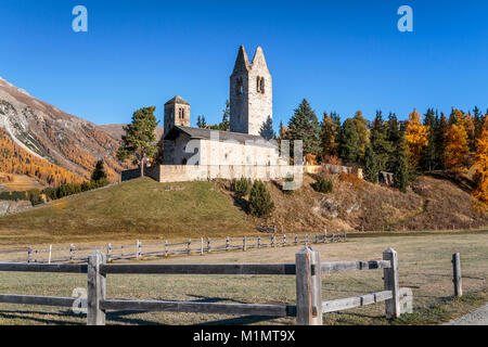 Chiesa di San Gian, a Celerina Engadin, Grigioni, Svizzera, Europa. Foto Stock