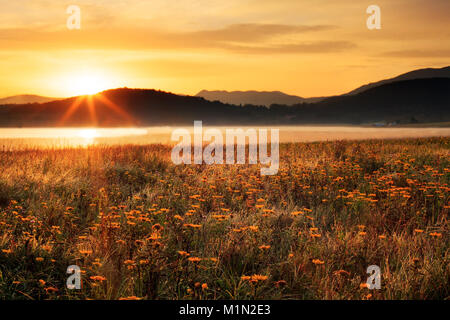 HDR mattinata nebbiosa sunny paesaggio con sole sopra le montagne, erba e il lago coperto con gocce d'acqua Foto Stock