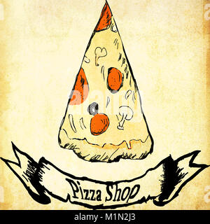 Poster del vettore con la pizza e un trancio di pizza. Pizza shop sfondo estraibile Foto Stock