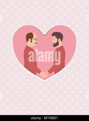 Due uomini, multirazziale coppia gay in amore, tenendo le mani e cercando in ogni altri occhi. Biglietto di auguri per felice il giorno di San Valentino di impegno o di matrimonio o anniversario. Illustrazione Vettoriale