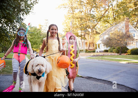 I bambini e il cane in costumi di Halloween per il trucco o il trattamento Foto Stock