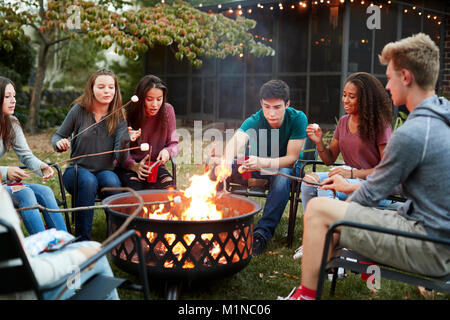 Amici di adolescenti sedersi attorno a una buca per il fuoco la tostatura marshmallow Foto Stock