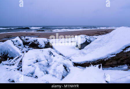 Inverno vista della spiaggia con la coperta di neve rocce e moody sky sullo sfondo. Sandy Hook beach, New Jersey Foto Stock