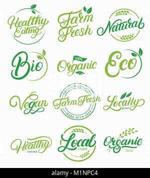 Set di organico, locali, freschi, naturale, vegano sano lettere manoscritte logo, etichette, emblemi. Illustrazione Vettoriale