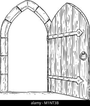 Cartoon disegno vettoriale di legno aperto medievale Porta di decisione Illustrazione Vettoriale