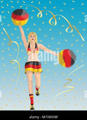 "Tedesco Cheerleader di Germania tifosi" Cheerleader ragazza, coriandoli di carte e sfondo sono in diversi strati. Illustrazione Vettoriale