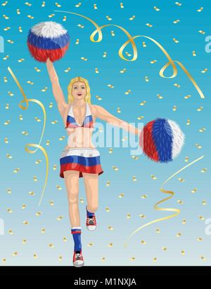 "Russo Cheerleader della Russia tifosi" Cheerleader ragazza, coriandoli di carte e sfondo sono in diversi strati. Illustrazione Vettoriale