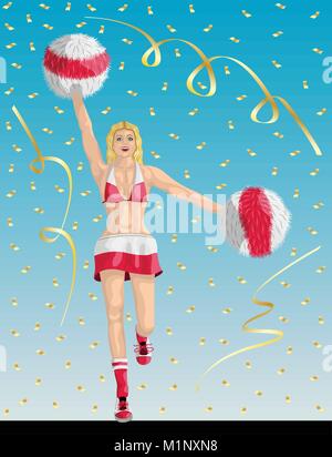 "Polish Cheerleader di Polonia tifosi" Cheerleader ragazza, coriandoli di carte e sfondo sono in diversi strati. Illustrazione Vettoriale