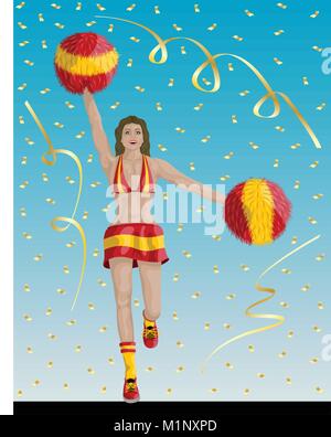 "Spagnolo Cheerleader di Spagna tifosi" Cheerleader ragazza, coriandoli di carte e sfondo sono in diversi strati. Illustrazione Vettoriale
