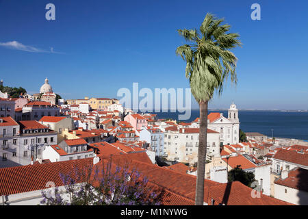 Vista da Santa Luzia viewpoint oltre il quartiere di Alfama al fiume Tejo, Lisbona, Portogallo, Europa Foto Stock