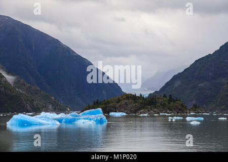 Blu iceberg e faccia del Sawyer Glacier, sfondo montano, Stikine Icefield, Tracy Arm Fjord, Alaska, Stati Uniti d'America, America del Nord Foto Stock