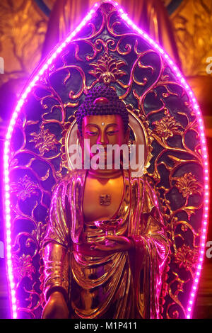 Statua del Buddha con luce al neon, Chua Thien appeso Pagoda buddista, Ho Chi Minh City, Vietnam, Indocina, Asia sud-orientale, Asia Foto Stock