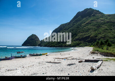 Barche di pescatori sulla spiaggia con la giungla e le montagne sullo sfondo vicino punto surf tropicali su Sumbawa Foto Stock