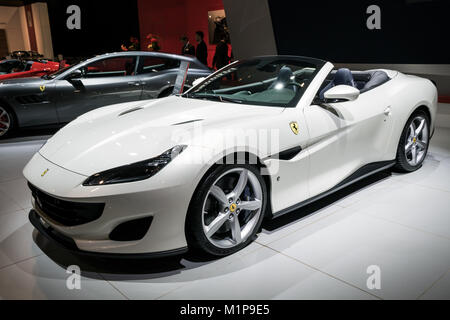 Bruxelles - Jan 10, 2018: Ferrari Portofino auto sportiva illustrata a Bruxelles Motor Show. Foto Stock