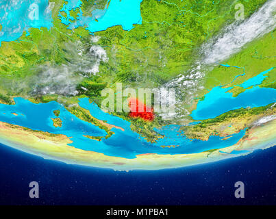 La Serbia ha evidenziato in rosso sul pianeta Terra con le nuvole. 3D'illustrazione. Gli elementi di questa immagine fornita dalla NASA. Foto Stock