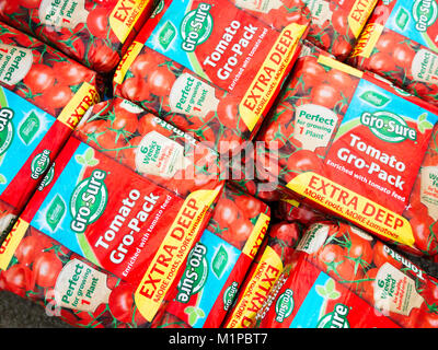 Pila di sacchi di pomodoro Gro-Sure crescere pack sacche profonde ideale per una pianta di pomodoro in un garden center Foto Stock