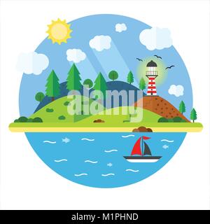 Isola nel mare con il faro, hill, albero, mountain, il pesce e la nave a vela. Estate vacanze concetto di viaggio. Illustrazione in stile appartamento. Viaggiare Illustrazione Vettoriale