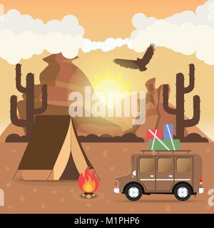 Travel car campeggio posto paesaggio. Montagne, deserto, cactus, Eagle e falò. Illustrazione Vettoriale in stile appartamento. Illustrazione Vettoriale