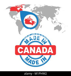 Realizzato in Canada il timbro. Mappa del mondo con red paese. Emblema del vettore in uno stile piatto su sfondo bianco. Illustrazione Vettoriale