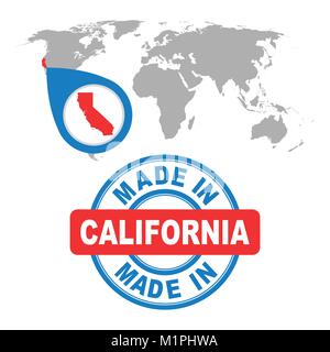 Realizzato in California, America, USA il timbro. Mappa del mondo con red paese. Emblema del vettore in uno stile piatto su sfondo bianco. Illustrazione Vettoriale