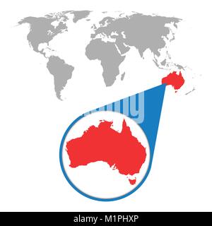 Mappa del mondo con lo zoom in Australia. Mappa nella lente di ingrandimento. Illustrazione Vettoriale in stile piatto Illustrazione Vettoriale