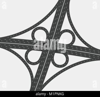 Autostrada crocevia, livello due il traffico lo svincolo, quattro vie di scambio con rampe di loop e strada bianca marchi. Vista superiore, vicino. Illustrazione Vettoriale