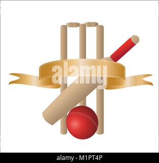 Illustrazione di una cricket bat con wickets e un vuoto banner oro su sfondo bianco Illustrazione Vettoriale