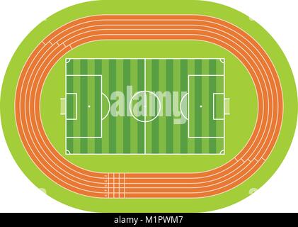Vista aerea del campo da calcio disegnata con linea bianca su sfondo verde con una pista di atletica intorno al campo di calcio. Immagine vettoriale Illustrazione Vettoriale