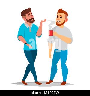 Parlando di uomini vettore. Ridere gli amici e colleghi di ufficio. Comunicazione maschio. Persona d'affari. Situazione. Piatto isolato Cartoon illustrazione Illustrazione Vettoriale