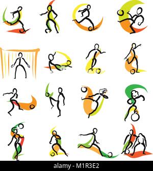 16 Soccer Doodle set di icone, disegnati a mano schizzi con colorato strisciare su sfondo bianco. Arte vettoriale. Illustrazione Vettoriale