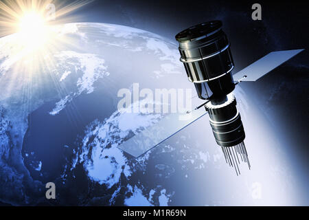 Satellite in orbita attorno alla terra all'alba Foto Stock