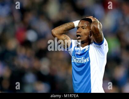 Madrid, Spagna. 31 gennaio, 2018. Leganes' Claudio Beauvue reagisce durante il re spagnolo's Cup Semifinal prima gamba partita di calcio tra Leganes e Siviglia in Spagna a Madrid, gennaio 31, 2018. La partita è finita 1-1. Credito: Juan Carlos Rojas/Xinhua/Alamy Live News Foto Stock