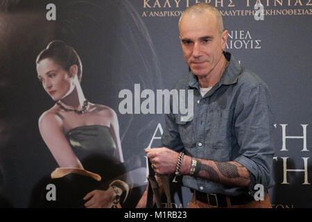 Atene, Grecia. Il 1° febbraio 2018. Attore DANIEL DAY - Lewis dà conferenza stampa per il suo ultimo film ''Thread fantasma'' di Atene. Credito: Aristidis Vafeiadakis/ZUMA filo/Alamy Live News Foto Stock