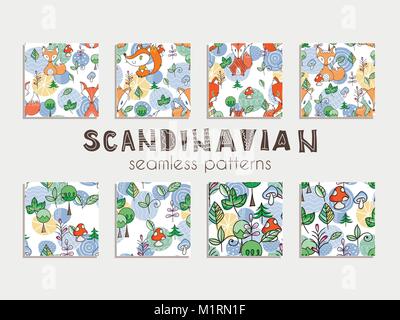 Serie di modelli senza giunture in stile scandinavo con graziosi volpi, alberi e foglie. Forest illustrazione vettoriale Illustrazione Vettoriale