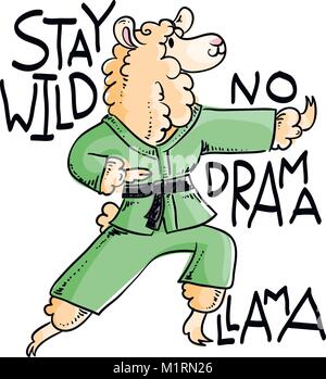 Il Karate animale in kimono, vettore carino illustrazione. Soggiorno selvaggio, no drama. Un peloso llama Illustrazione Vettoriale