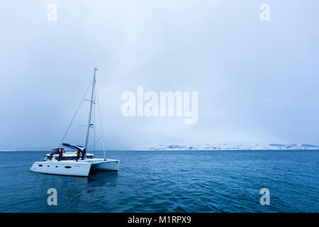 La Norvegia. Arctic Aurora in catamarano fjord durante l inverno in acqua calma durante l ora di blu. Foto Stock