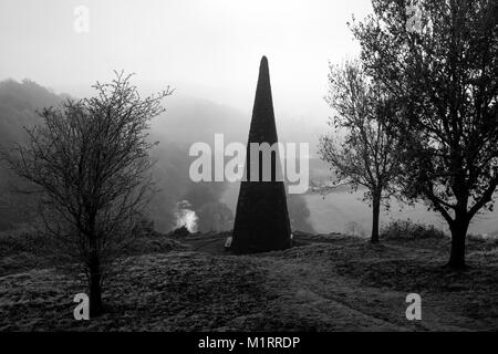 Black & White immagine della Battaglia di Trafalgar un monumento in una nebbiosa mattina. La Collina del Castello, grande Torrington, Devon, Inghilterra. Foto Stock