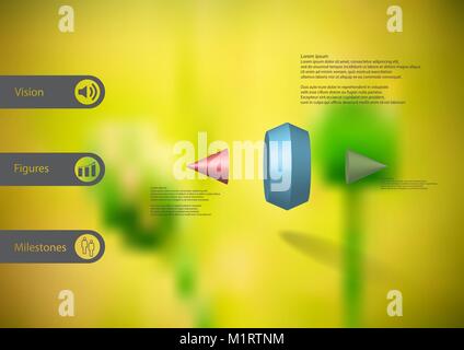 3D illustrazione modello infografico con motivo di due cono spiked diviso verticalmente in tre parti a colori con un semplice segno e un testo di esempio sul lato a Illustrazione Vettoriale