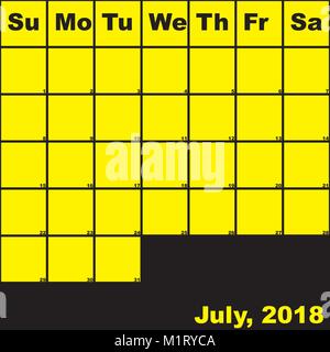 2018 Luglio Giallo su nero planner il calendario con un enorme spazio per le note Illustrazione Vettoriale