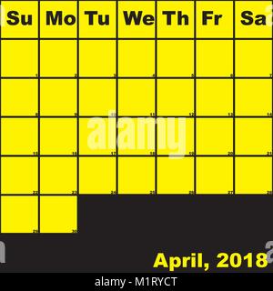 2018 aprile Giallo su nero planner il calendario con un enorme spazio per le note Illustrazione Vettoriale