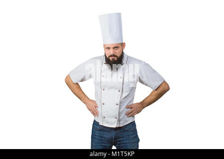 Ritratto di un fiducioso barbuto chef su sfondo bianco. le mani nel bacino Foto Stock