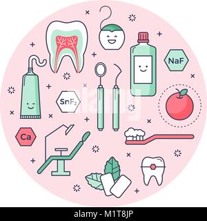 Vector background scientifico con le icone indicate sulle apparecchiature di dentista. Divertimento stile educativo, ottima per i bambini. Stomatologia e strumenti per ortodonzia Illustrazione Vettoriale