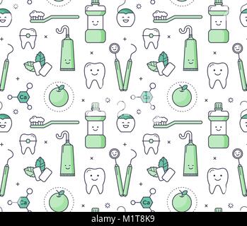 Vettore educativo modello senza cuciture con apparecchiature di dentista su sfondo bianco. Divertimento in stile iconico stomatologia strumenti, cura dei denti. Illustrazione Vettoriale