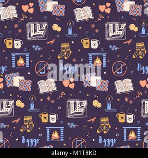 Vector seamless pattern con il concetto di Hygge e accogliente casa cose come candele, calze, tappeto oversize, tè, camino. Danese concetto vivente. Saluto l'auto. Illustrazione Vettoriale