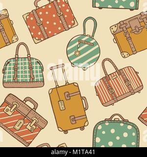 Vector disegnati a mano stile sketch seamless pattern di viaggio vintage valigie e borse per imballaggio. Retrò color pastello scarabocchi Illustrazione Vettoriale