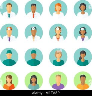 Set di avatar di round diversi medici roba come medico terapeuta, chirurgo e otolaryngologist. Anche icone di pazienti per la tribuna medica Illustrazione Vettoriale