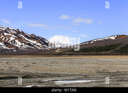 Guarda come la piccola strada nel centro conduce direttamente al picco di Denali nel Parco Nazionale di Denali, Alaska. Il picco è coperta di neve. Foto Stock