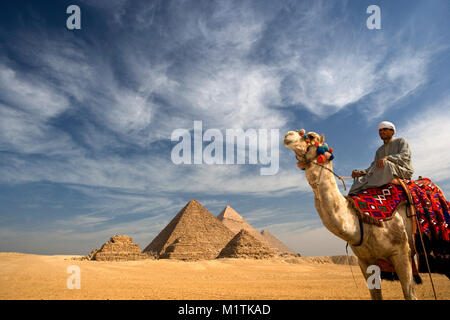 L'Egitto, al Cairo. Piramidi di Giza o Giza. L'uomo, camel driver sul cammello nel deserto vicino a piramidi. Unesco World Heritage Site. Foto Stock