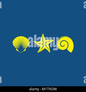 Semplice carta blu con conchiglie di mare e stelle marine Illustrazione Vettoriale