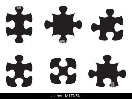 Set di nero i pezzi del puzzle su sfondo bianco Illustrazione Vettoriale